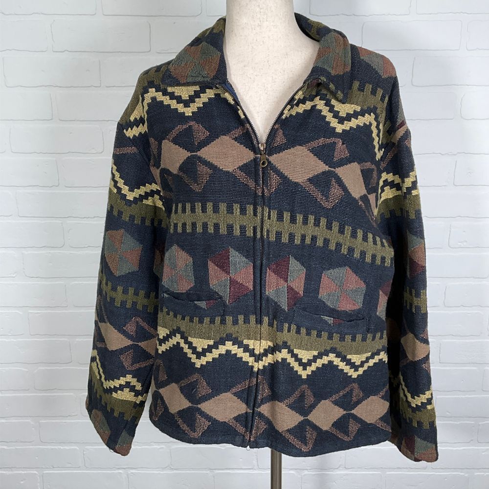 Argee Jacket Women Large Tapestry Blue Green Aztec Southwest Full Zip Cotton VTG